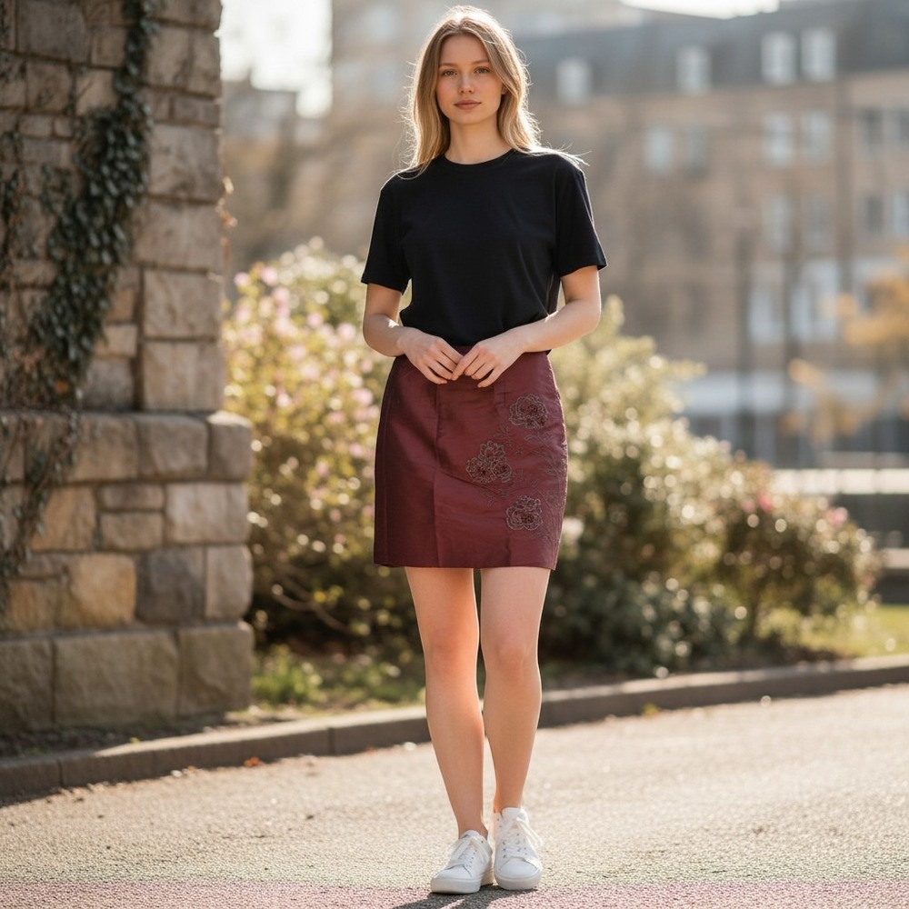 Ann Taylor Petites Silk Mini Skirt 8P Burgundy Floral Embroidered Dupioni Silk